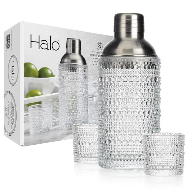 Glaver's Cocktail Shaker Set, Glass 15.2 oz Shaker, 6 Hobnail Shot Glasses, Stainless Steel Strainer Cap,Glass Shaker Set for Bars. Dishwasher Safe