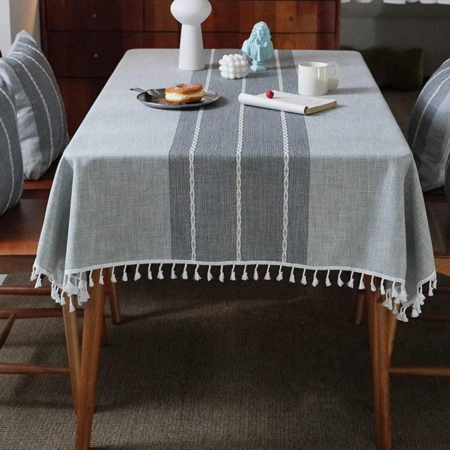 JIALE Cotton Linen Rustic Farmhouse Tablecloth, Waterproof Tablecloths for Rectangle Tables, Wrinkle Free Embroidery Burlap Table Cloth with Tassel for Indoor and Outdoor Daily Use Table Covers