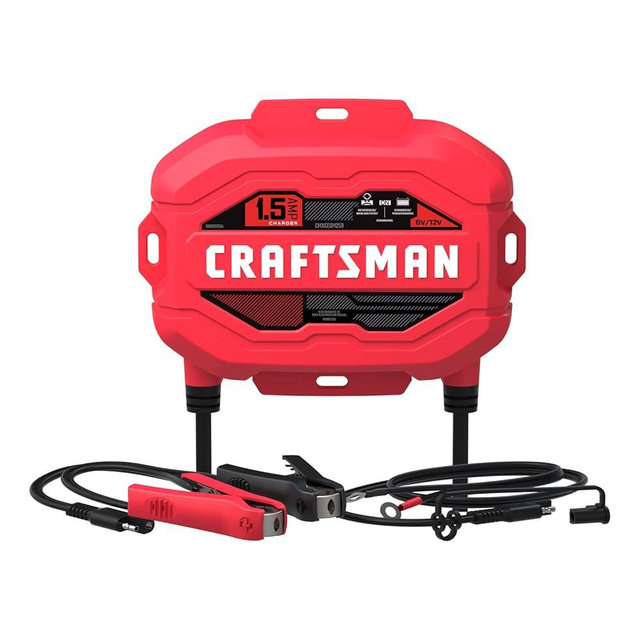 Craftsman CMXCESM259 Fully Automatic Automotive Battery Charger and Maintainer for Power Sport, Motorcycle, Car, and Boat Batteries, 1.5 Amps, 6 Volt, 12 Volt, Red, 1 Unit