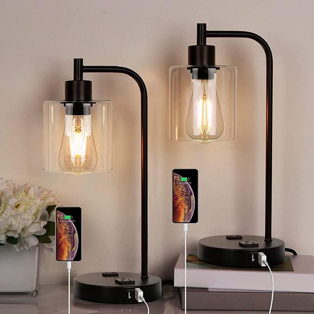 Qimh Industrial Touch Control Table Lamp with 2 USB Ports and 2 AC Outlets, 3-Way Dimmable Bedside Nightstand Reading Lamps with Light Bulb, Glass Lampshade Desk Lamp for Bedroom, Office (Mute Black)