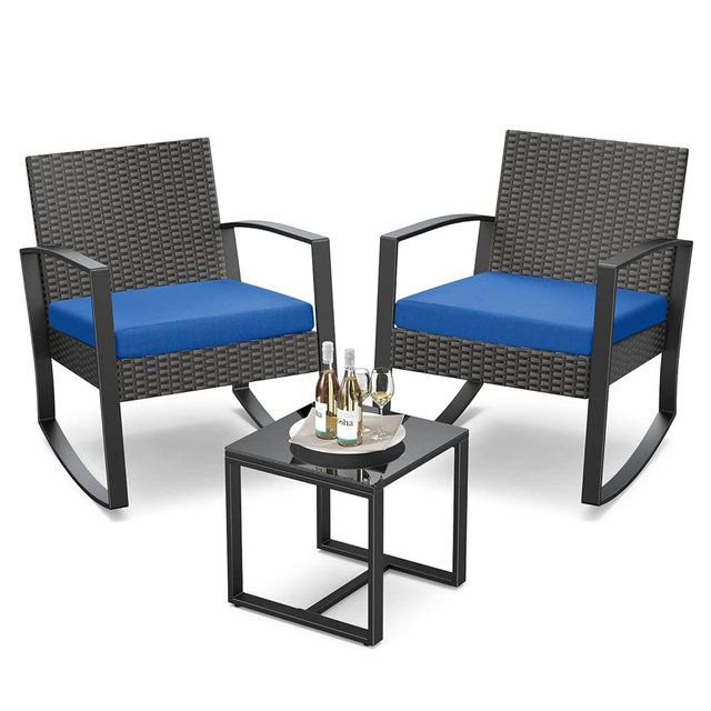Qsun 3 Piece Patio Bistro Set Patio Furniture Set Outdoor Wicker Rocking Furniture Conversation Set with Tempered Glass Coffee Table for for Front Porch Balcony and Deck (Blue Cushion)