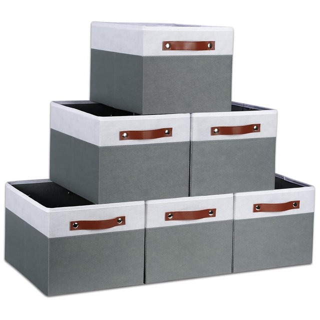 [6-Pack] Fabric Storage Bins (15x11x9.5”) – Reinforced 2.5mm Cardboard Shelf Bins with PU Leather Handles – Durable Storage Baskets for Closet Organization, Toy Organizer, & Home Office – White&Grey