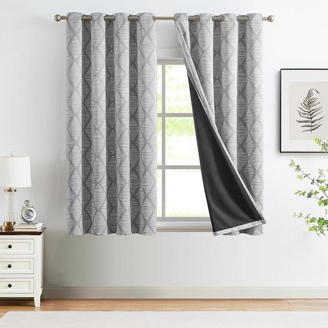 jinchan 100% Blackout Curtains 63 Inch Length Grey Geometric Printed Curtains Thermal Insulated Pattern Bedroom Curtains Modern Grommet Top Window Curtain Set Drapes, 2 Panels Gray