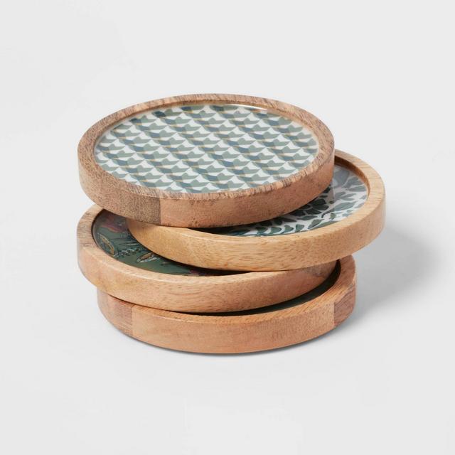 4pk Wood Mixed Pattern Coaster Green - Threshold™