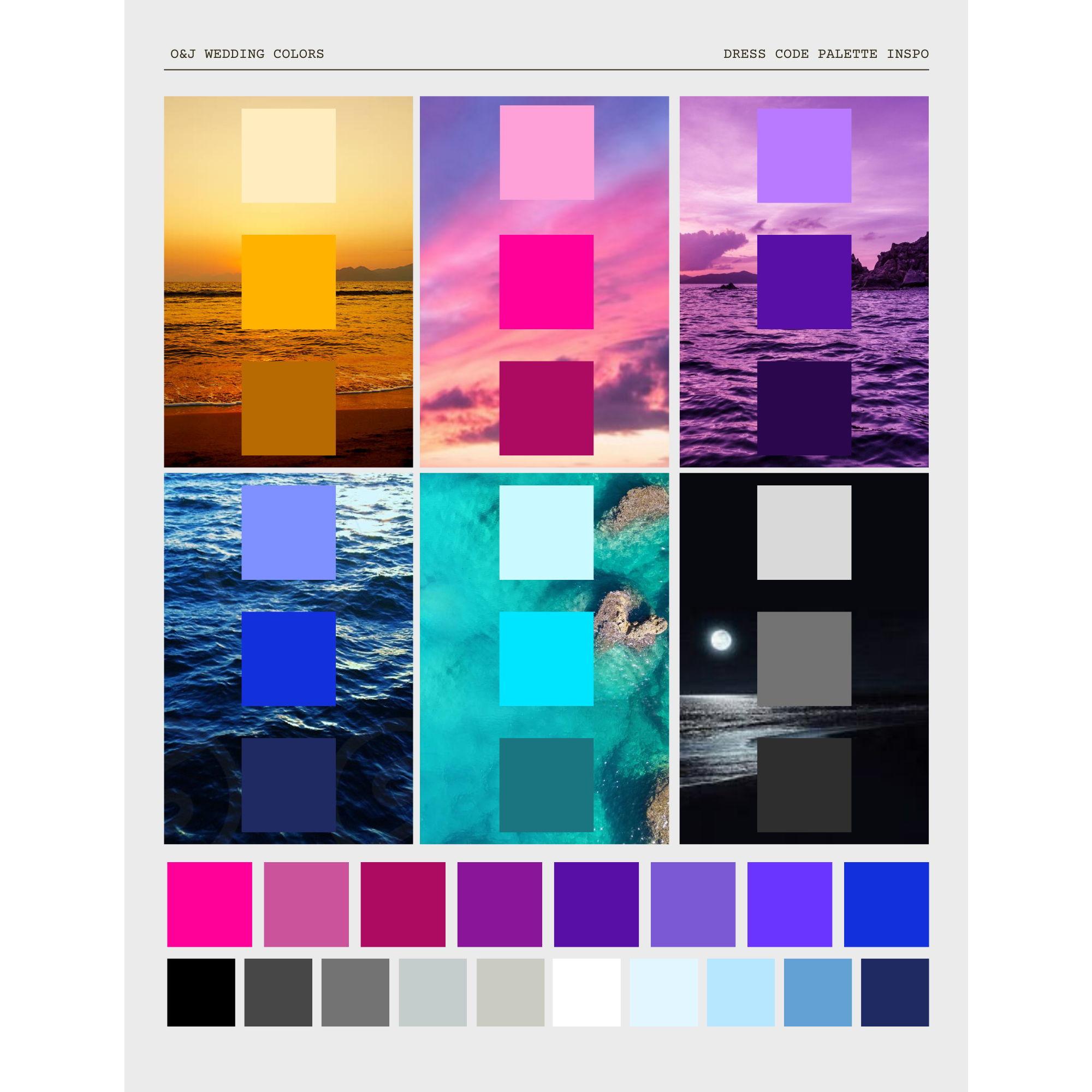Here is some coordinating colors inspo! Our wedding colors are mainly pinks, purples, and blues with a splash of gold.