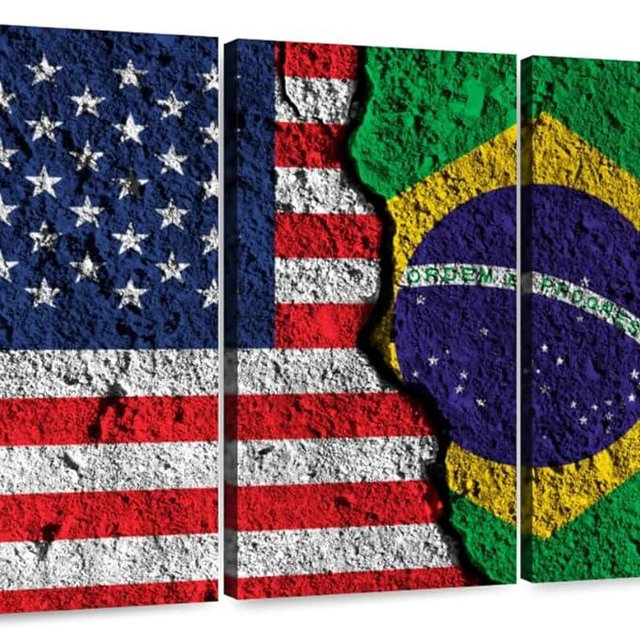 ElephantStock - Cracked Usa Brazil Flag Wall Art - Horizontal Multi Panel Canvas - 3 Piece Living Room Wall Decor - Digital Art Flags Multi Piece Wall Art - Red And Green Decor - 33" x 20"