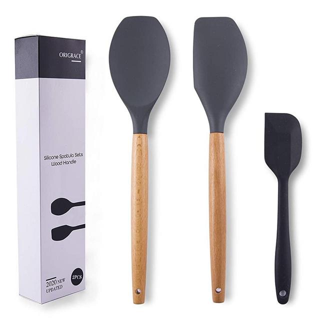 Wooden Handles Non-Stick Spatulas Black Silicone Rubber Cooking