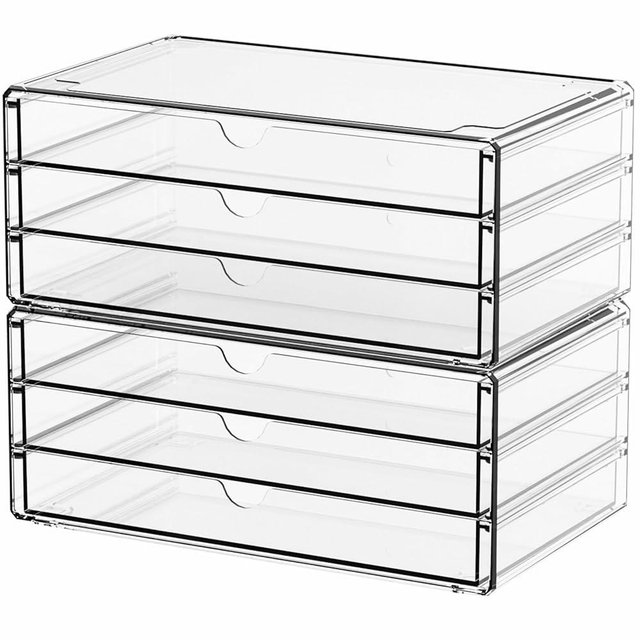 Yieach 2 Pack Acrylic Storage Drawers With 6 Drawers,Stackable Desk Organizer and Makeup Organizer,Large Clear Office Supplies Organizer for Pen,Stationary,Palettes,Arts Craft Organizers and Storage