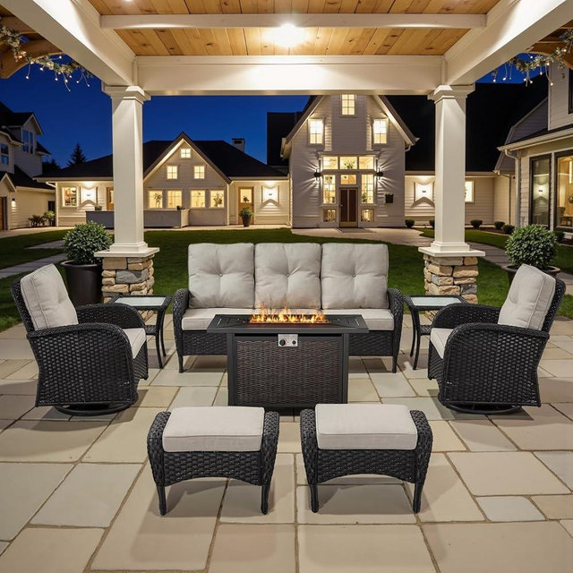 Belord 8 Piece Patio Furniture Set with 43" Fire Pit Table - Wicker Patio Conversation Set with Swivel Rocker Chairs and Sofa for Deck Outside Backyard Black