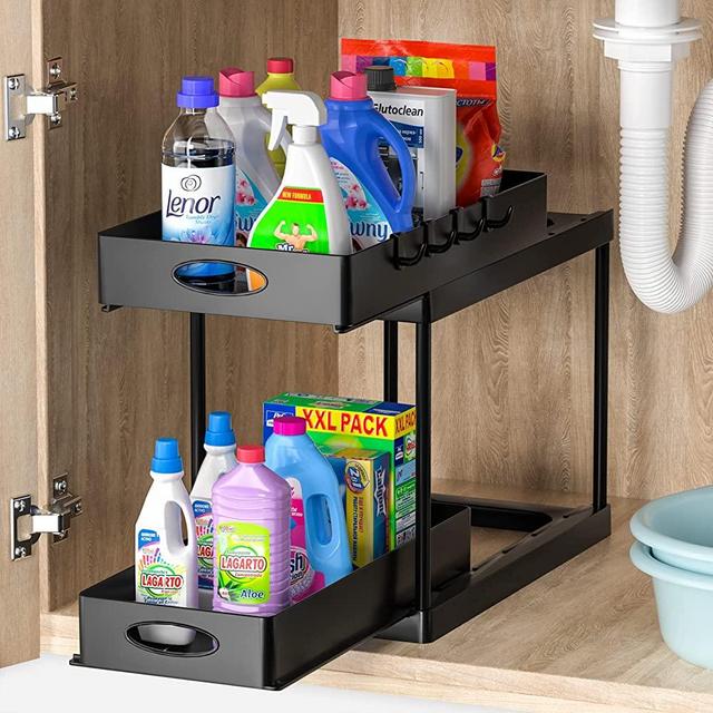 Double Sliding Cabinet Organizer Drawer, Under Sink Organizers and Storage 2 Tier Easy Access Slide Out Cabinet Organizer, Bathroom Organizer Under Sink Cabinet Kitchen Organizers and Storage
