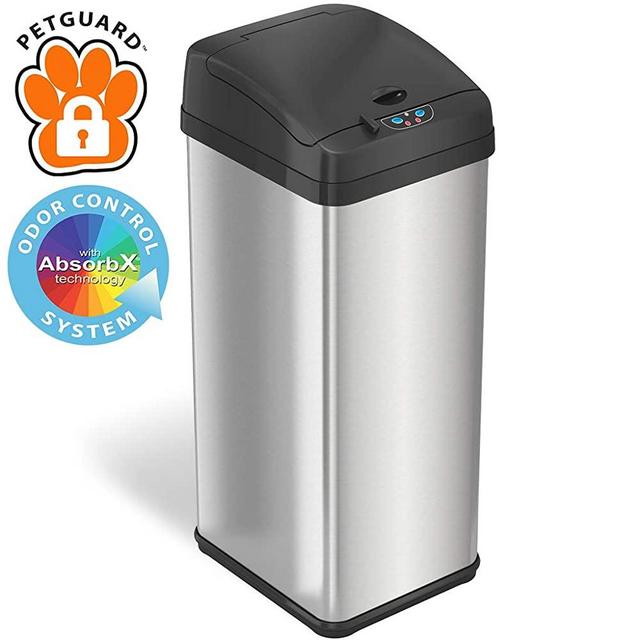 iTouchless 13 Gallon Pet-Proof Sensor Trash Can with AbsorbX Odor Filter System, Stainless Steel Kitchen Garbage Bin Prevents Dogs and Cats Getting in, Battery (not Included) or AC Adapter (Optional)