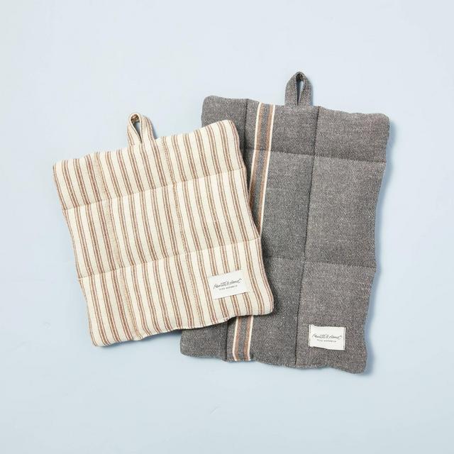 2pc Seasonal Stripes Potholder Set Railroad Gray/Pumpkin Brown - Hearth & Hand™ with Magnolia