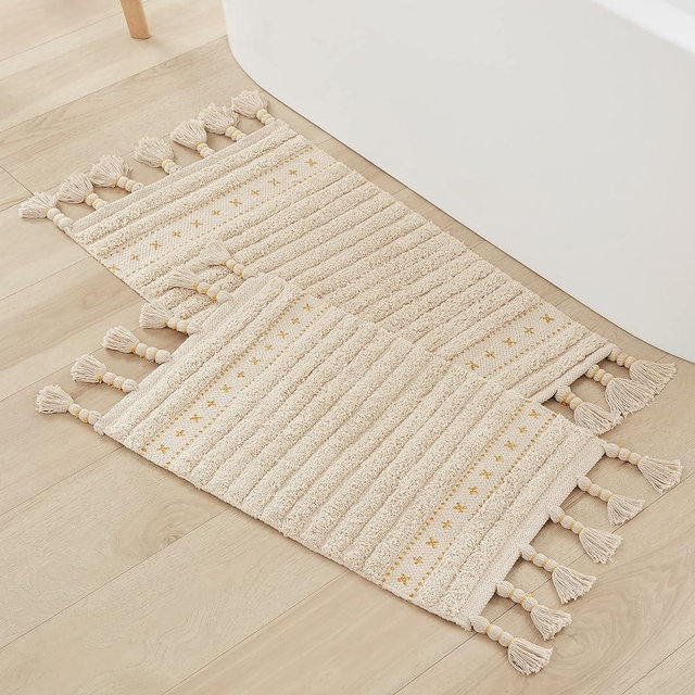 Lucky Brand Boho Rug 100% Cotton Fringe Boho Kitchen Rug 2-Piece Set 17" x 32" and 20” x 40" Boho Bath Mat in Yellow