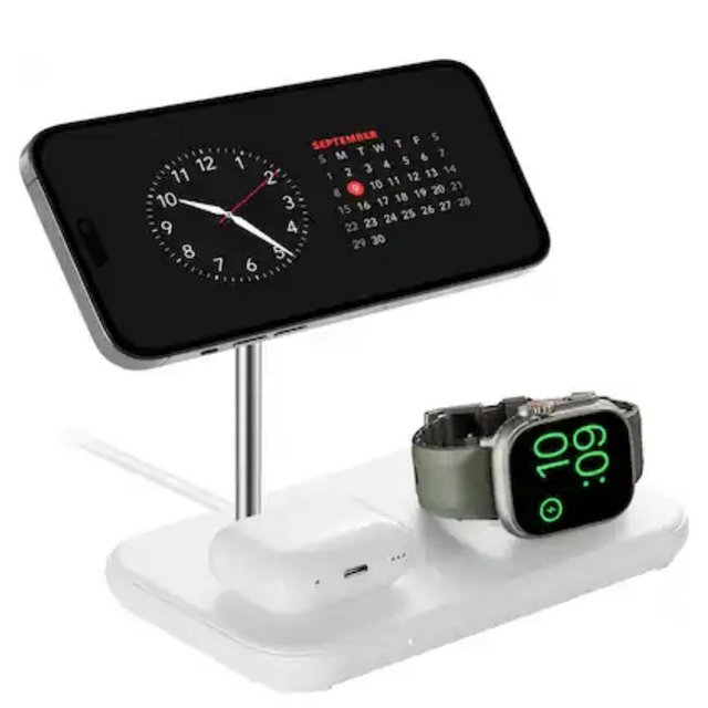 Best Buy essentials™ - 3-in-1 7.5W Magnetic Wireless Charger with Apple Watch Charger Holder for iPhone + Apple Watch + AirPods - White