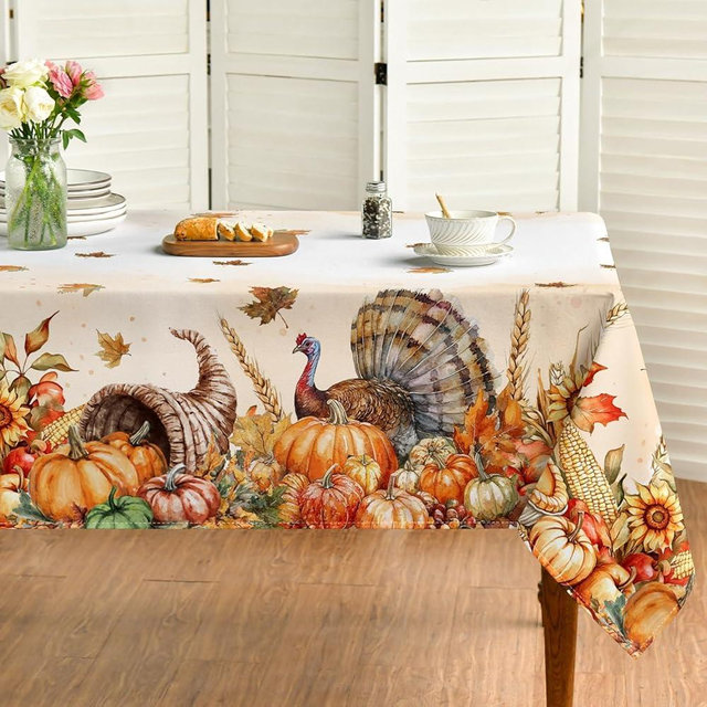Horaldaily Fall Thanksgiving Tablecloth 60×84 Inch Rectangular, Turkey & Pumpkin Maple Leaf Harvest Table Cloth, Washable Table Cover for Dinner Kitchen Party Holiday Decorations