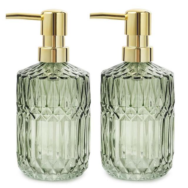 FoverOne 2 Pack 14Oz Glass Soap Dispenser Set, Crystal Clear Diamond Design, Hand Soap Dish Soap Body Lotion Refillable Dispensers for Kitchen Sink Bathroom Vanity - Green