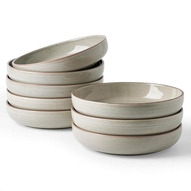 famiware Milkyway 33 oz Bowl Set, Pasta Bowls Set of 8, Salad Bowls, Double Reactive Glaze, Sturdy & Stackable, Ideal for Housewarming, Festivals, Matcha Green with Speckles