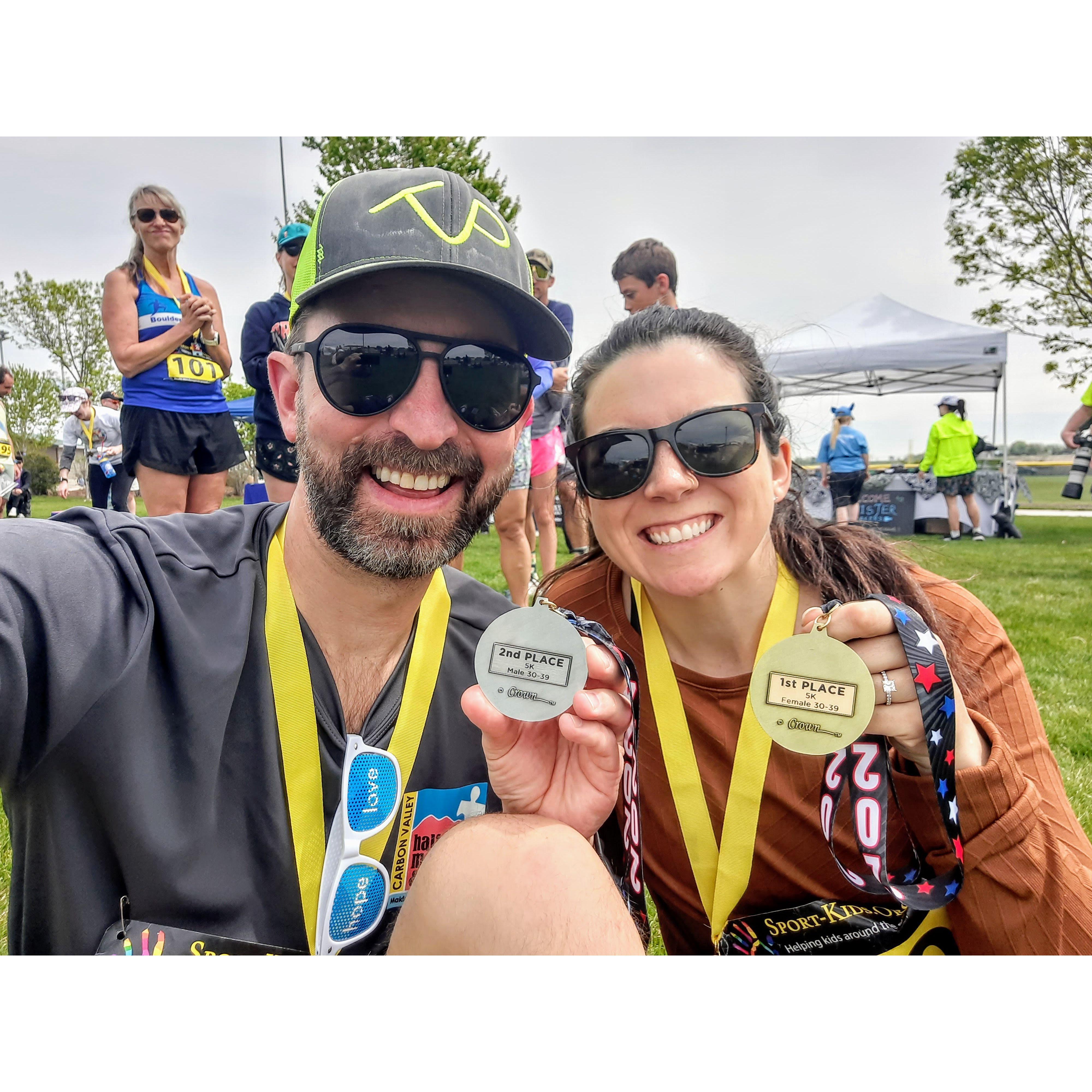 Running a 5k race together and placing 1st (Meghan) and 2nd (Nick) in our age divisions! (April, 2024)