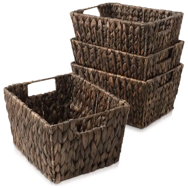 Casafield Set of 4 Water Hyacinth Storage Baskets with Handles - Espresso, 12" x 9" x 6" Rectangular Bins for Shelves, Blankets, Laundry Organization