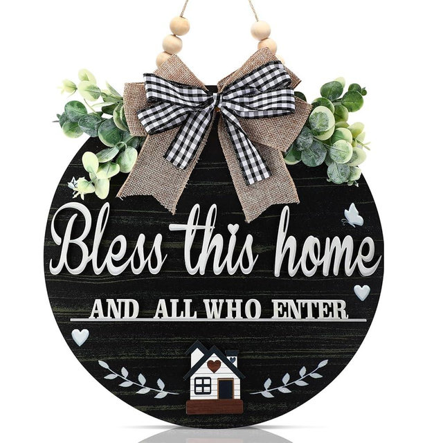 3D Bless This Home and All Who Enter Wooden Front Door Signs，Door Decorations Hanging,Christian Jesus Home Porch Wall Decor，Spring Wreaths，Door Wreaths for Front Door Outside All Season(Black)