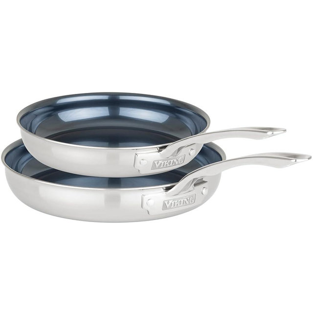 Viking 4-Ply Frying Pans, 2-Piece Laser Clad Titanium Performance Ti, 9.5 and 11 Inch, Blue/SIlver