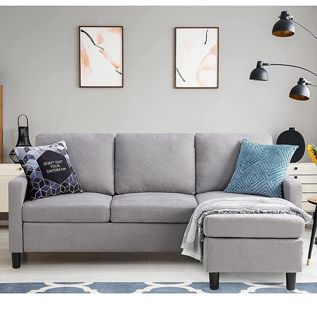 Shintenchi Convertible Sectional Sofa Couch, Modern Linen Fabric L-Shaped Couch 3-Seat Sofa Sectional with Reversible Chaise for Small Living Room, Apartment and Small Space (Light Grey)