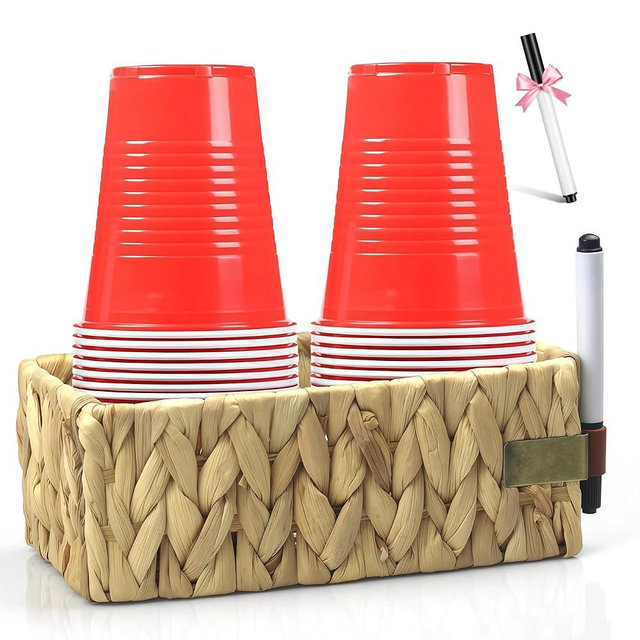 Ovimyne Mark Your Cup and Drink Up Cup Holder Handwoven Natural Seagrass with Two Coasters and a Marker,8.66In*4.53In*3.54IN for BBQ,Festive Party,Wedding,Camping or Picnics