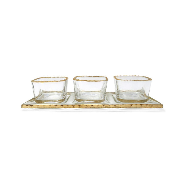 3 Bowl Relish Dish on Tray with Gold-Tone Rim, 4 Piece Set