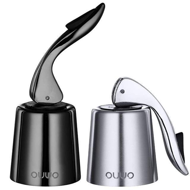 Stainless Steel Wine Stopper by OUWO, Wine Bottle Stopper Design to Preserve Unfinished Bottle, Keeps Wine Fresh, Superior Leak-Proof (Silver & Black)