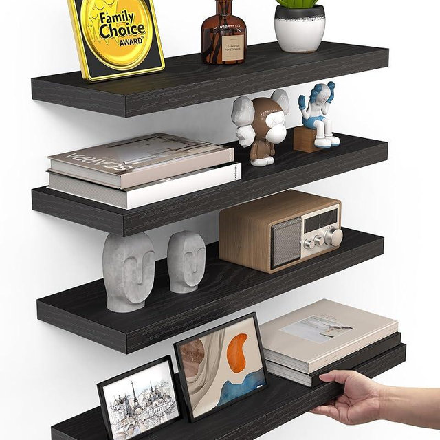 BAYKA Floating Shelves for Wall, 15.7in Wall Mounted Rustic Wood Shelves for Bathroom, Bedroom, Living Room, Kitchen, Hanging Shelf for Books/Storage/Room Decor with 22lbs Capacity (Black, Set of 4)