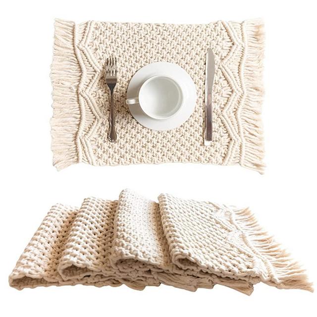 SnugLife Macrame Placemats Set of 4 - Handmade Cotton Woven Boho Placemats - Modern Farmhouse Fringe Placemats for Dining Table, Kitchen, Bohemian Wedding Décor, Rustic Natural Off White, 12”x18”