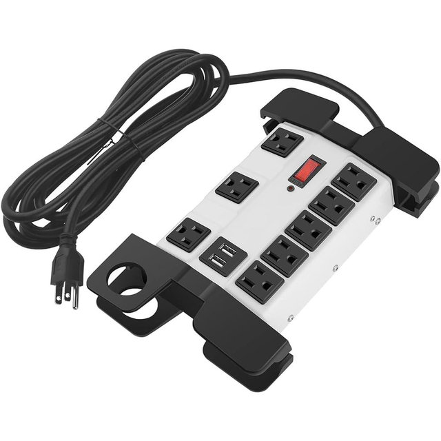 Heavy Duty Power Strip with USB, Workshop 8 Outlet Surge Protector 2700 Joules, Grey Industrial Metal 15Amp Power Strip, 15FT Extension Cord and Wide Spaced.