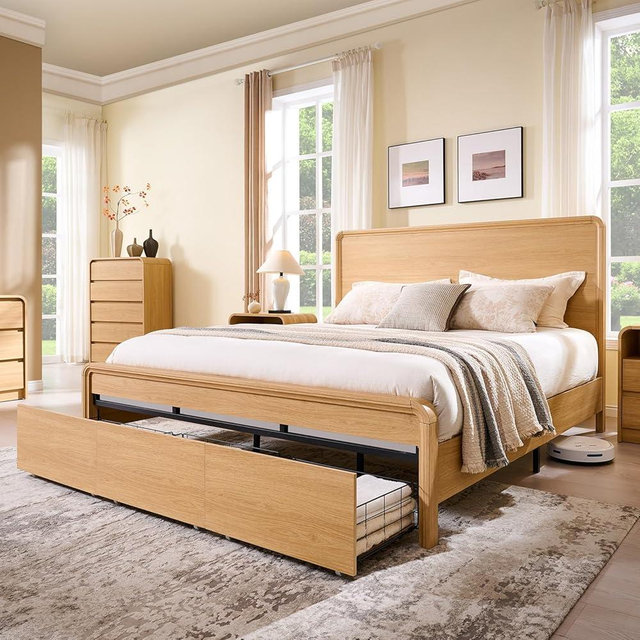 Aitjunz Modern King Size Bed Frame with 50" Tall Headboard, Wood King Size Platform Bed Frame w/3 Storage Drawers, Curved Profile Design, Wood & Steel Platform Bed, No Box Spring Needed, Natural Oak