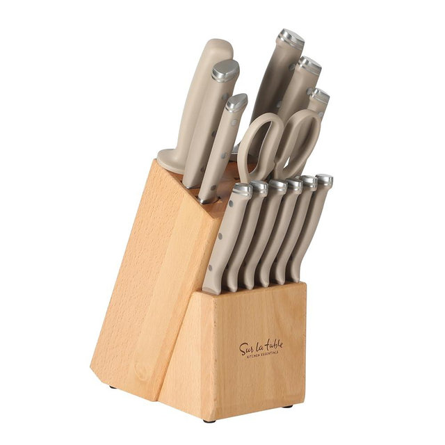 Sur La Table Kitchen Essentials 14 Piece Cutlery Set, German Steel Forged Knives, Beech Wood Block, Chef, Santoku, Bread, Steak Knives, Shears & Sharpener - Taupe