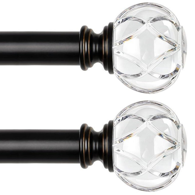 KAMANINA 2 Pack Curtain Rods for Windows 48 to 84(4-7 Feet), 1 Inch Black Decorative Curtain Rod, Splicing Adjustable Single Drapery Rods with Crystal Netted Texture Ends, 32-86"