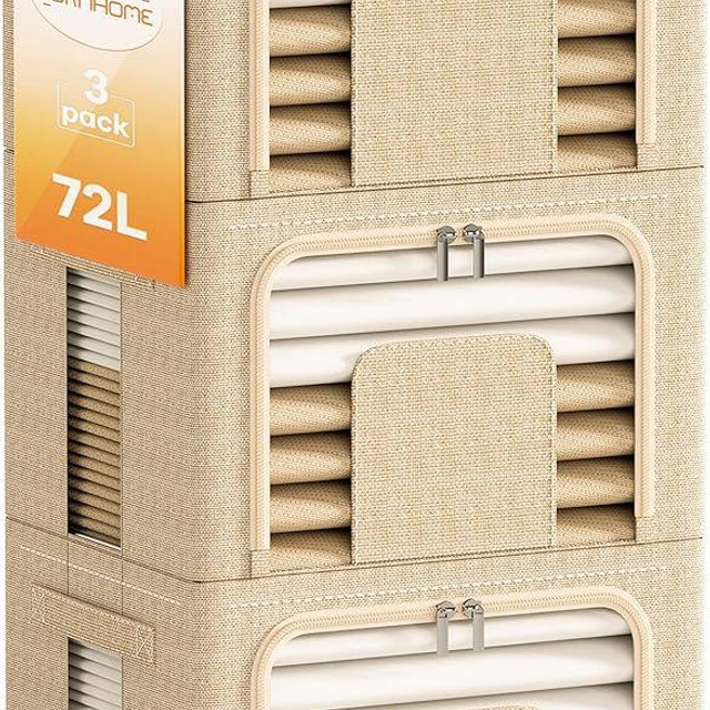 Furnhome 3 Pack Clothes Storage Organizer, Large Storage Bins for Closet, Foldable Clothing Storage Bins for Shelves with Zippers & Clear Window & Reinforced Handles-72L, Beige.