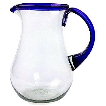 NOVICA Artisan Crafted Blue Accent Clear Glass Recycled Hand Blown Pitcher From Mexico, 82 oz, 'Blue Grace'