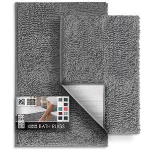Hearth & Harbor Bathroom Rugs, 2 Piece Chenille Bath Mat Set - Medium Gray Bath Rug, 17x24-20x32
