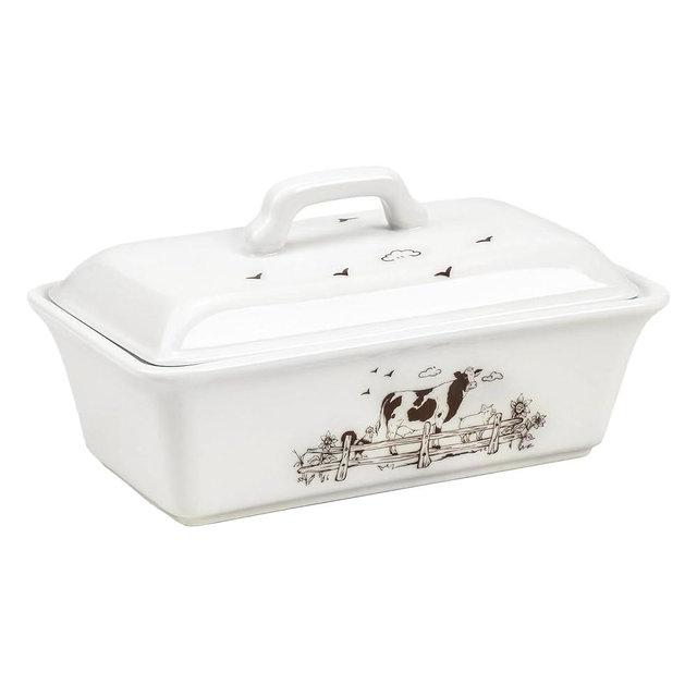Bicuzat Ceramic Butter Dish with Lid Butter Keeper Butter Plate Tray for Kitchen Countertop, Farm Animals Cow Pig and Rooster Pattern Butter Crock Keeper Saver