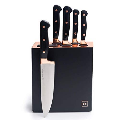 Copper Knife Set - with Block, Built-In Sharpener, 6-Piece Rose Gold Knife Set - Self Sharpening Knife Set With Block, Rose Gold Kitchen accessories