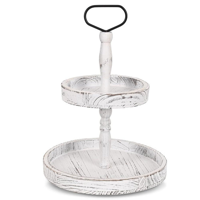 2 Tiered Tray Stand for Home Decor, Farmhouse Decorative Tray, Round Serving Tray, Decorative Trays Kit with Metal Handle for Kitchen Dinning Table Home Seasonal Holiday Decorations Shelf, White