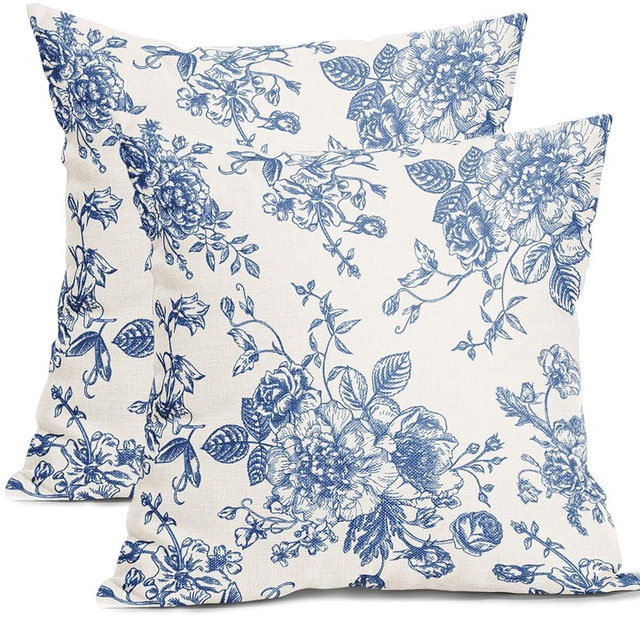 Blue Floral Pillow Covers 20x20 Inch Vintage Flower Blue White Decorative Throw Pillow Covers Set of 2 Chinoiserie Pillowcases Cotton Linen Square Cushion Covers For Couch Bed Sofa Chair Car Decor