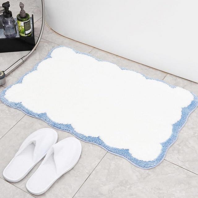 Ohocut Luxury Microfiber Bathroom Rugs, White Bath Rug with Blue Scalloped Piping Bath Mat for Bathroom, Tub, Floor Carpet, Sink, Shower, Anti Slip, Extra Soft, Machine Washable Absorbent, 32x20