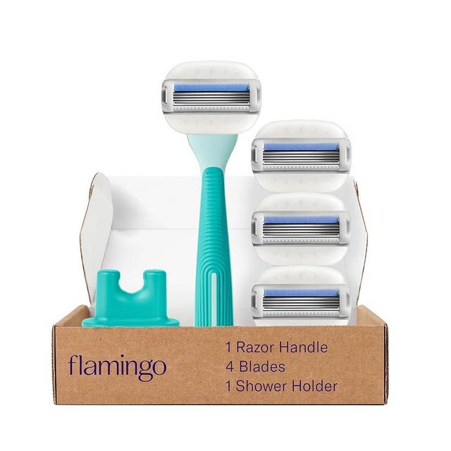 Flamingo Moisture Plus Women's Razor Set - Razor Handle, 4 Blade Refills, Shower Holder - Seafoam