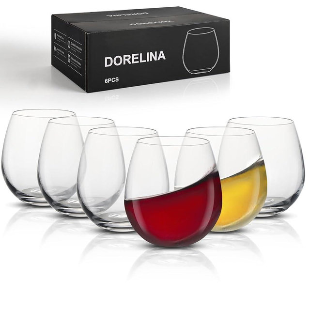 DORELINA Stemless Wine Glasses Set of 6 – 15oz Elegant Modern Red & White Wine Glasses for Everyday Use, Dishwasher Safe, Shatter-Resistant Crystal-Ergonomic Design, Drinking Glasses Gifts