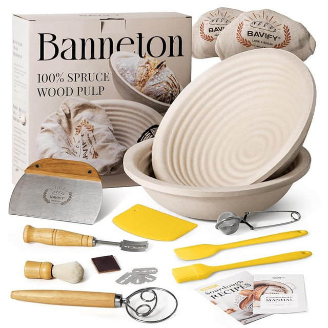 Wood Pulp Banneton Bread Proofing Basket Sourdough Kit, 9" Round Banneton Baskets Set, Sourdough Bread Baking Supplies with Bread Lame, Dough Whisk, Scraper, All-in-one Bread Making Tool