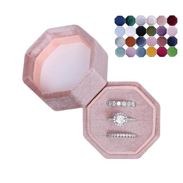 BLUTETE Velvet 3 Slots Jewelry Ring Box Engagement Wedding Box Keepsake Box Bridal Photo Ring Triple Slots Octagon (Blush Peach)