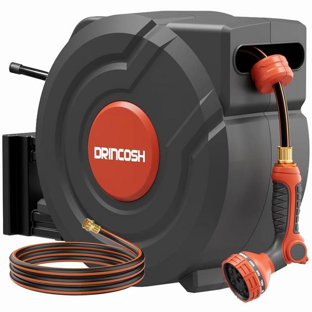 Upgraded Retractable Garden Hose 5/8 in x 115 ft Heavy Duty Wall-Mounted Hose Reel 180°Swivel Automatic Slow Return Any Length Lock 9 Pattern Nozzle UV Resistant (Black)