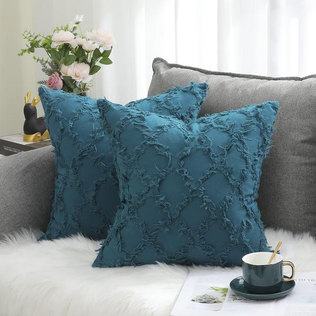 Teal Decorative Throw Pillow Covers Cotton Modern Quatrefoil Boho Pillow Covers Set of 2 for Sofa Couch Bed, 18X18