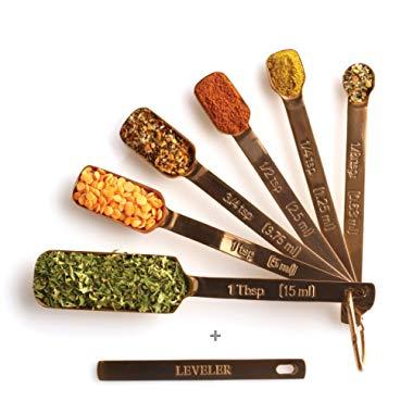 2lbDepot Copper Measuring Spoons - Set of 7 Includes Leveler - Premium Heavy-Duty Stainless Steel, Narrow, Long Handle Design Fits in Spice Jar